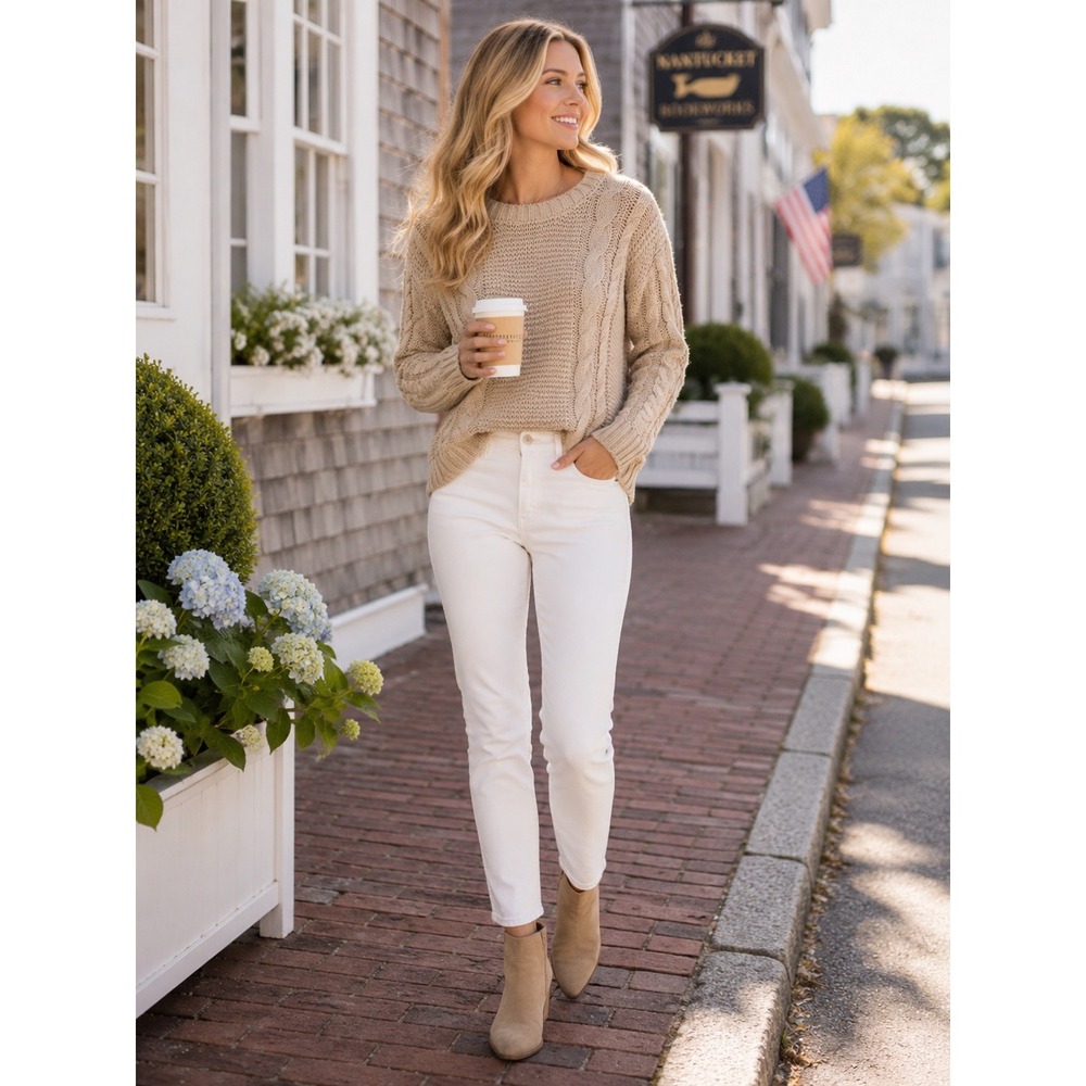 Brit.NY Womens Cable Knit Sweater Tan Beige 100% Cotton Crew Neck Pullover Large